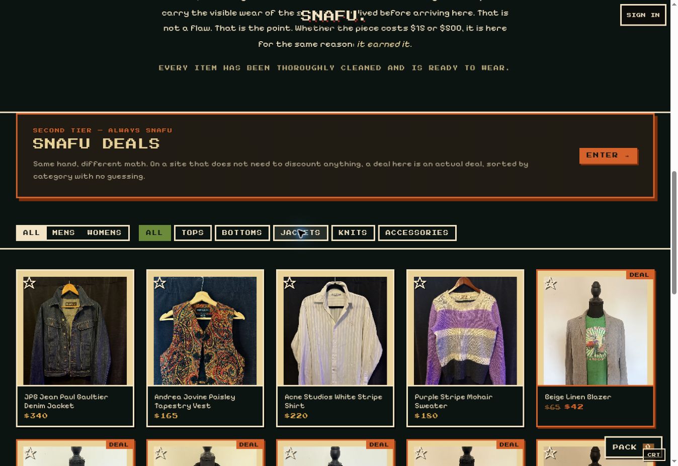 SNAFU department controls, deals section and product grid