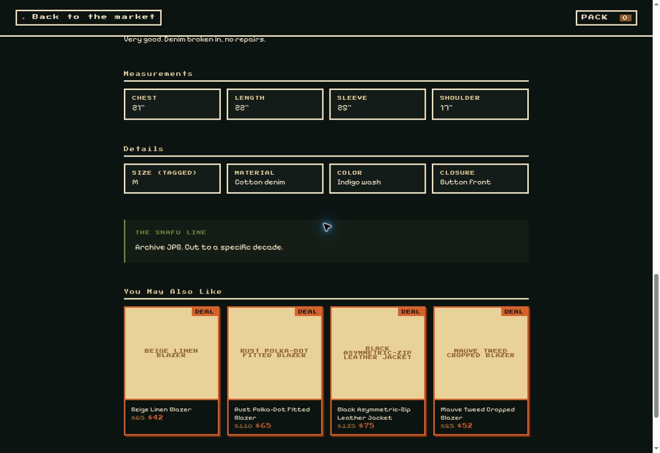 Garment measurements, materials, and related items in the SNAFU product page
