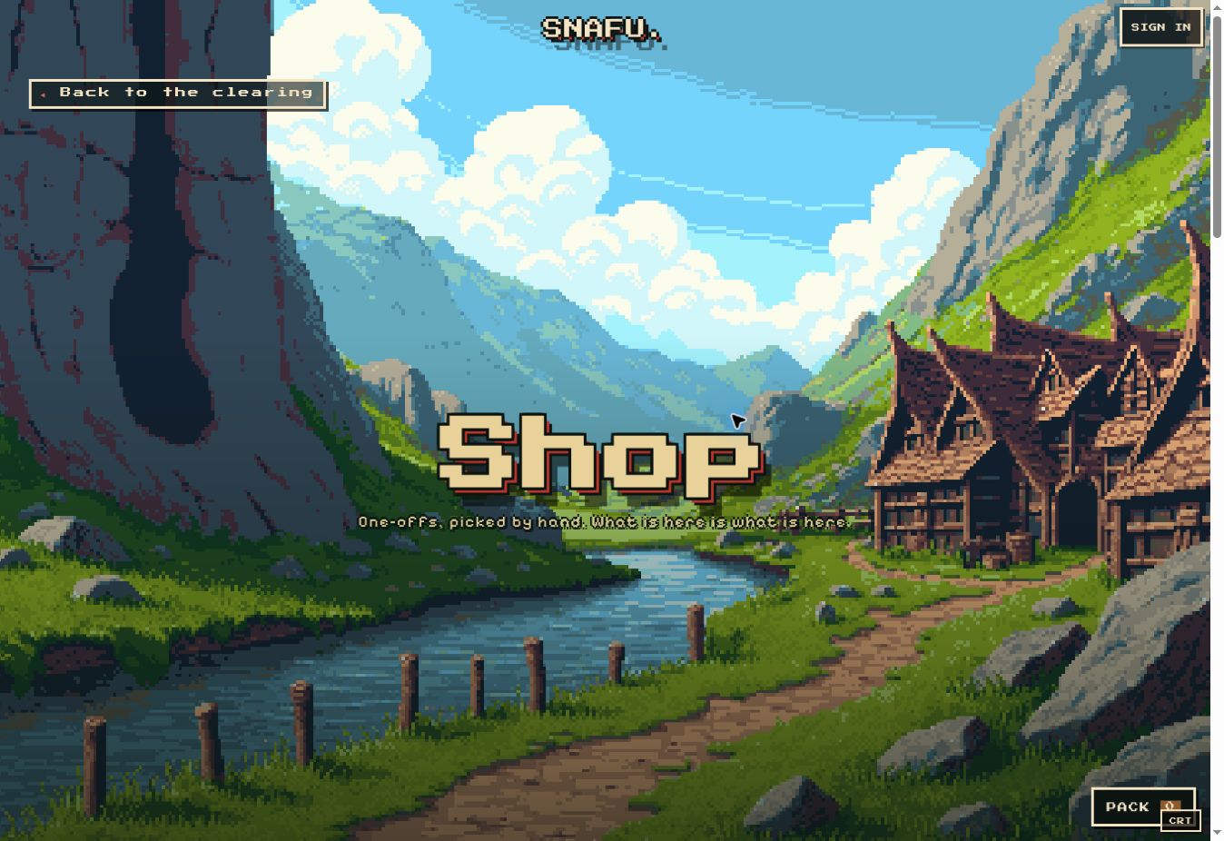 SNAFU shop entrance with a pixel landscape